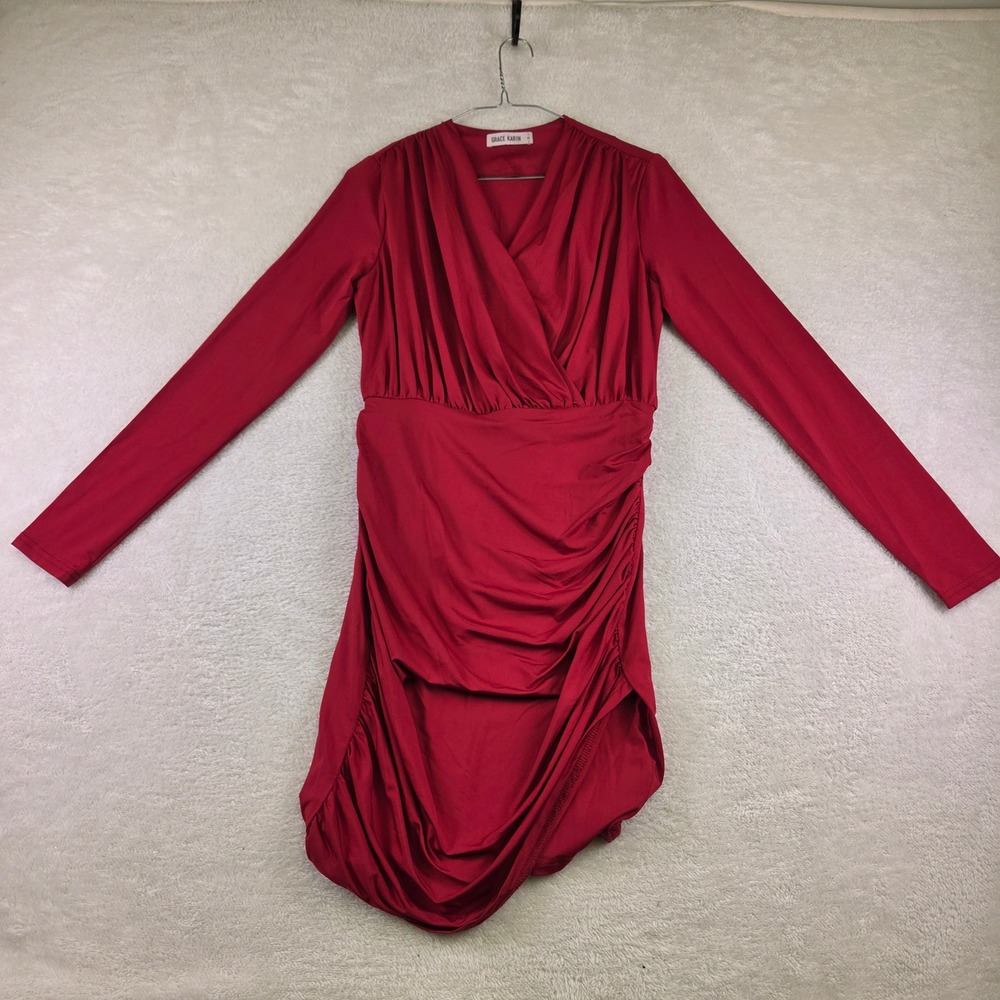 Grace Karin Red Ruched Long Sleeve Asymmetric Mini Dress Small Wrap V-Neck